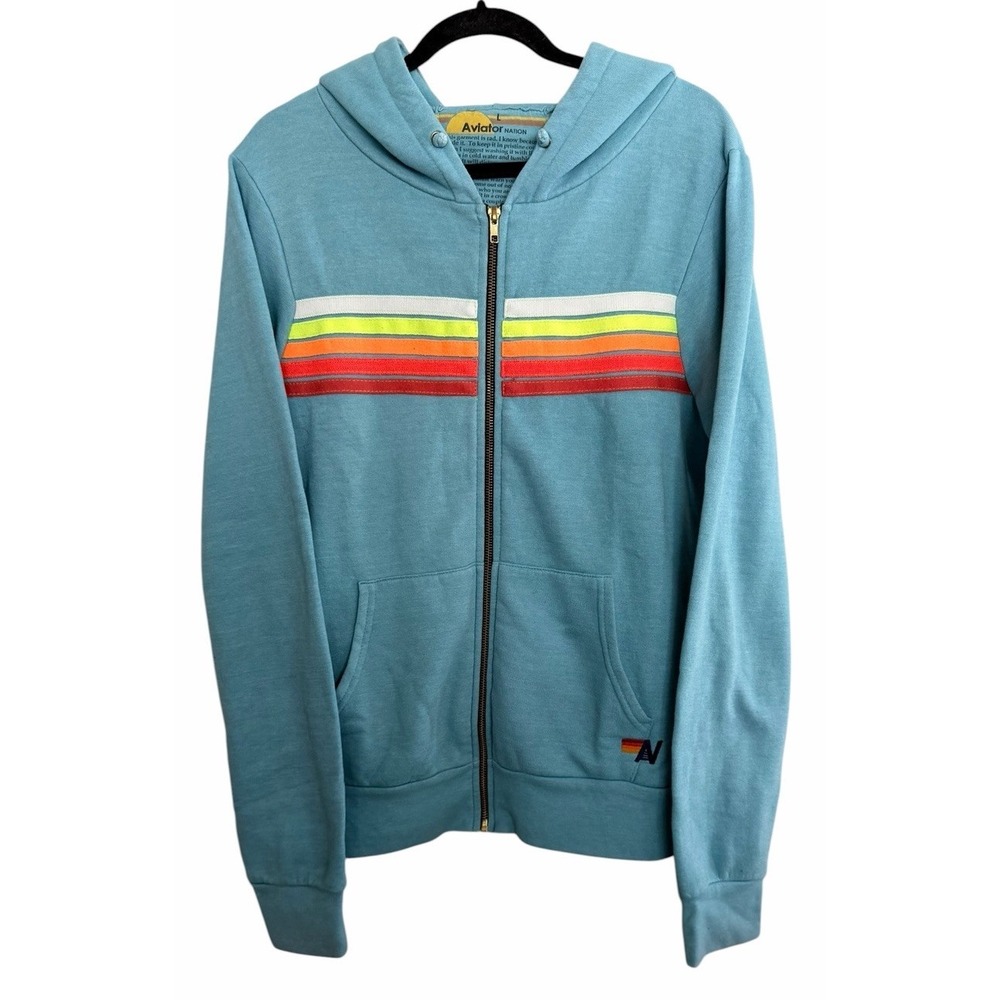 Aviator Nation 5 Stripe Hoodie Aqua/White Neon Size Large